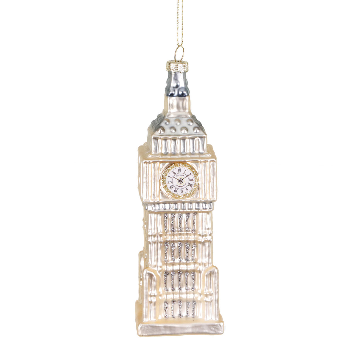 Ornament turnul Big Ben din sticlă cu sclipici, șampanie, 15 cm