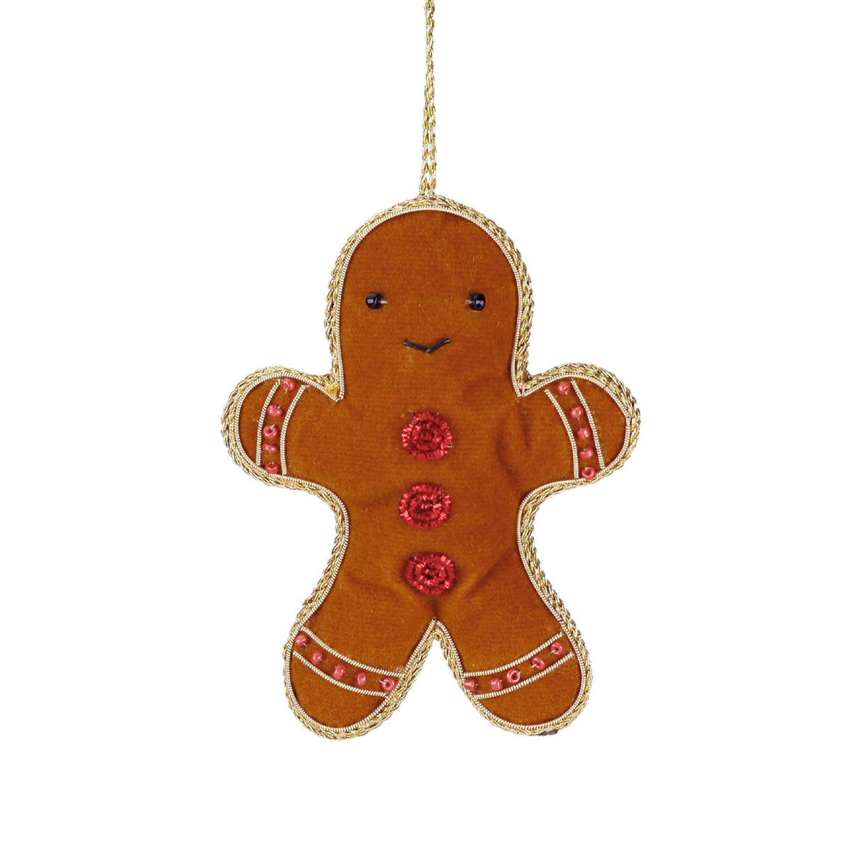 Ornament turtă dulce din textil brodat, maro/roșu/auriu, 11 cm
