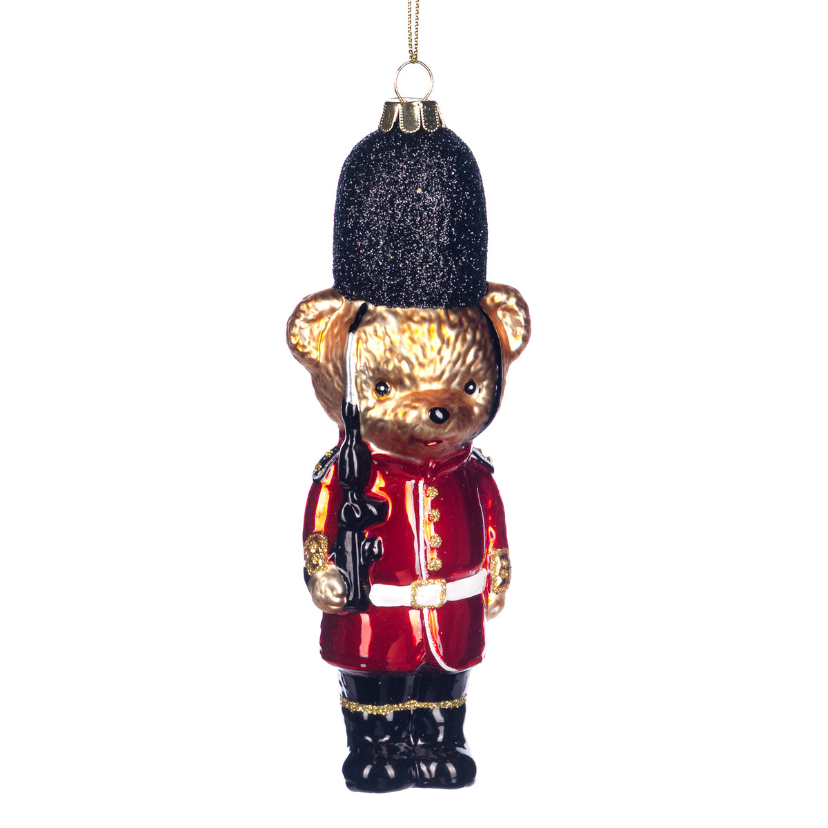 Ornament urs de gardă din sticlă, roșu/maro/negru, 15 cm