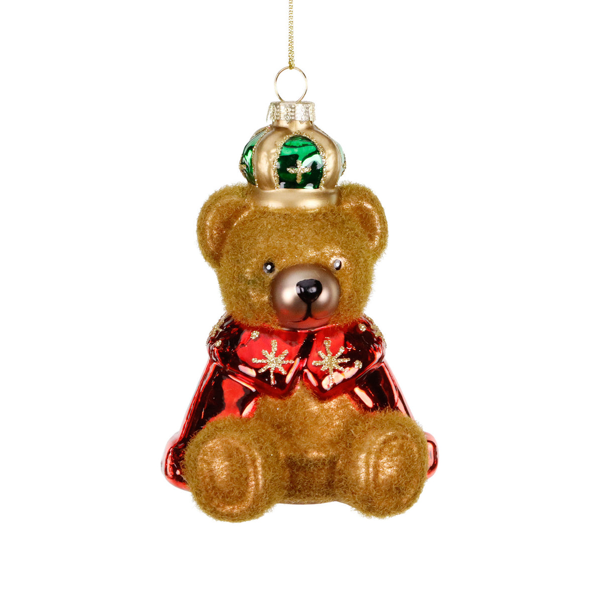 Ornament urs regal din sticlă, înzăpezit, maro/roșu/verde, 12 cm