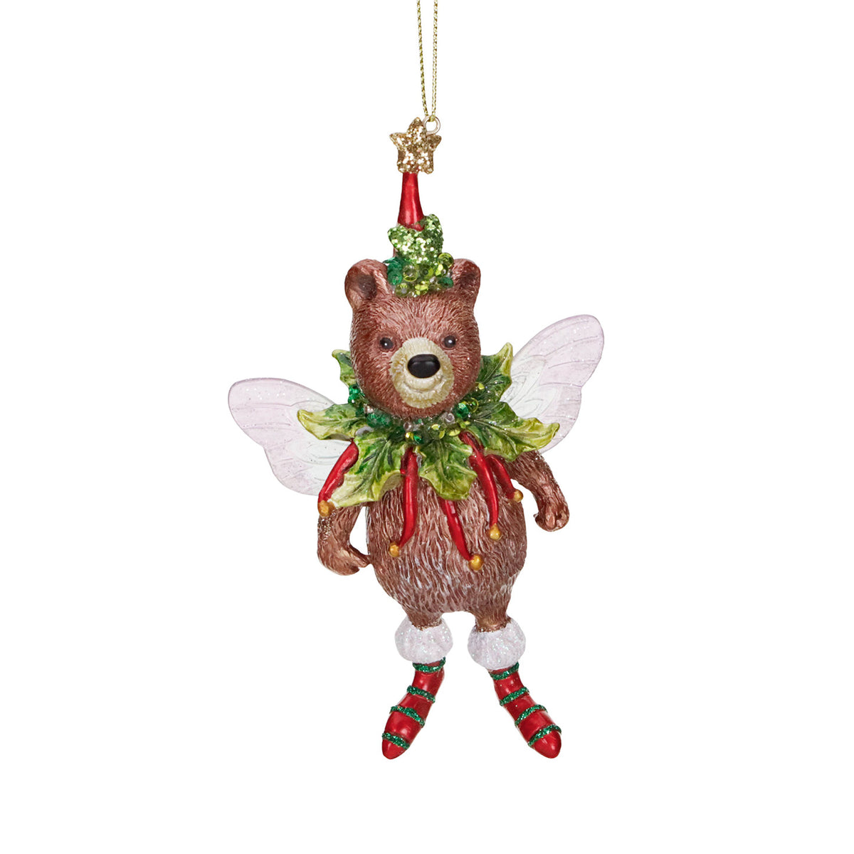 Ornament urs zână, maro/roșu/verde, 12,5 cm