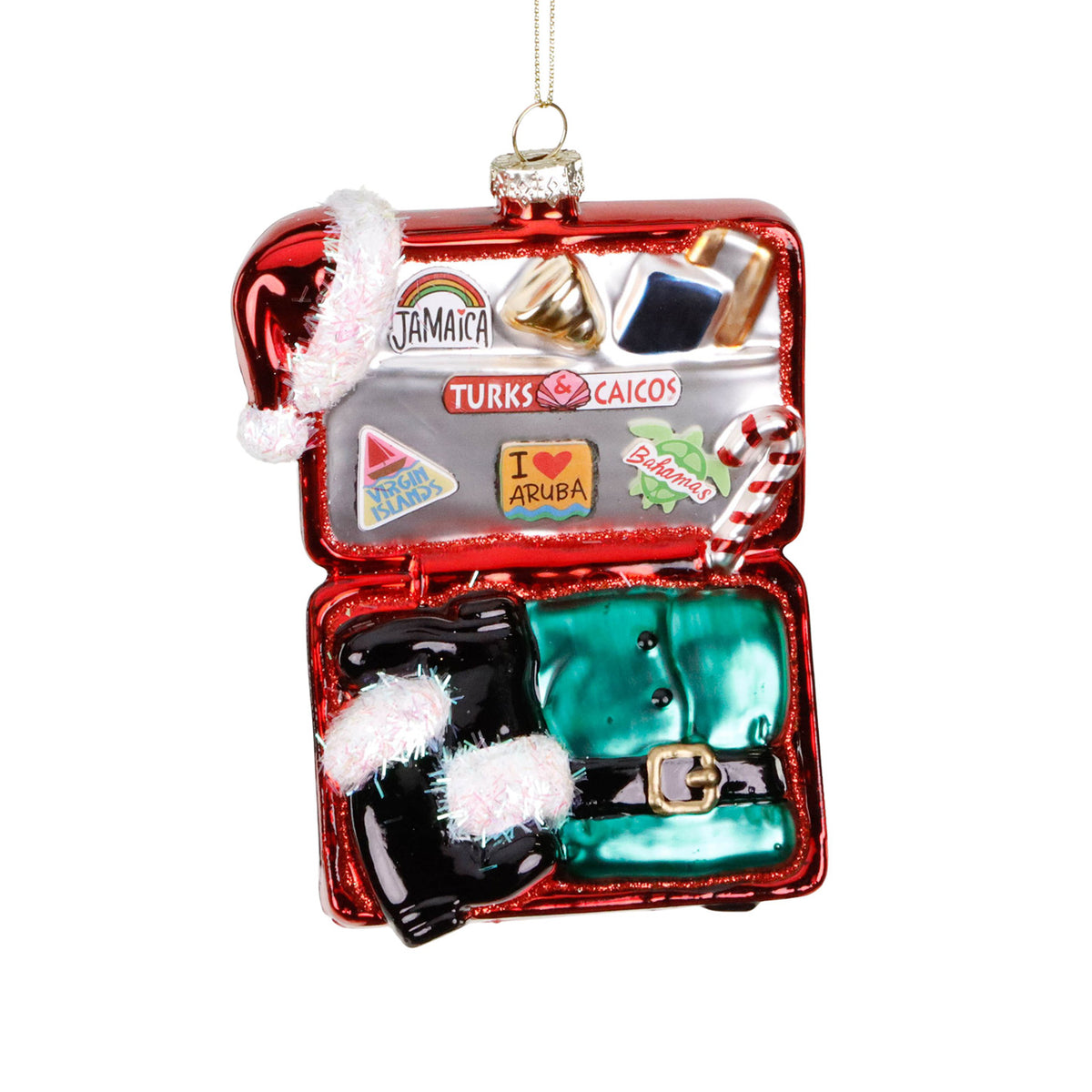 Ornament valiză de Crăciun din sticlă, roșu/alb, 13 cm