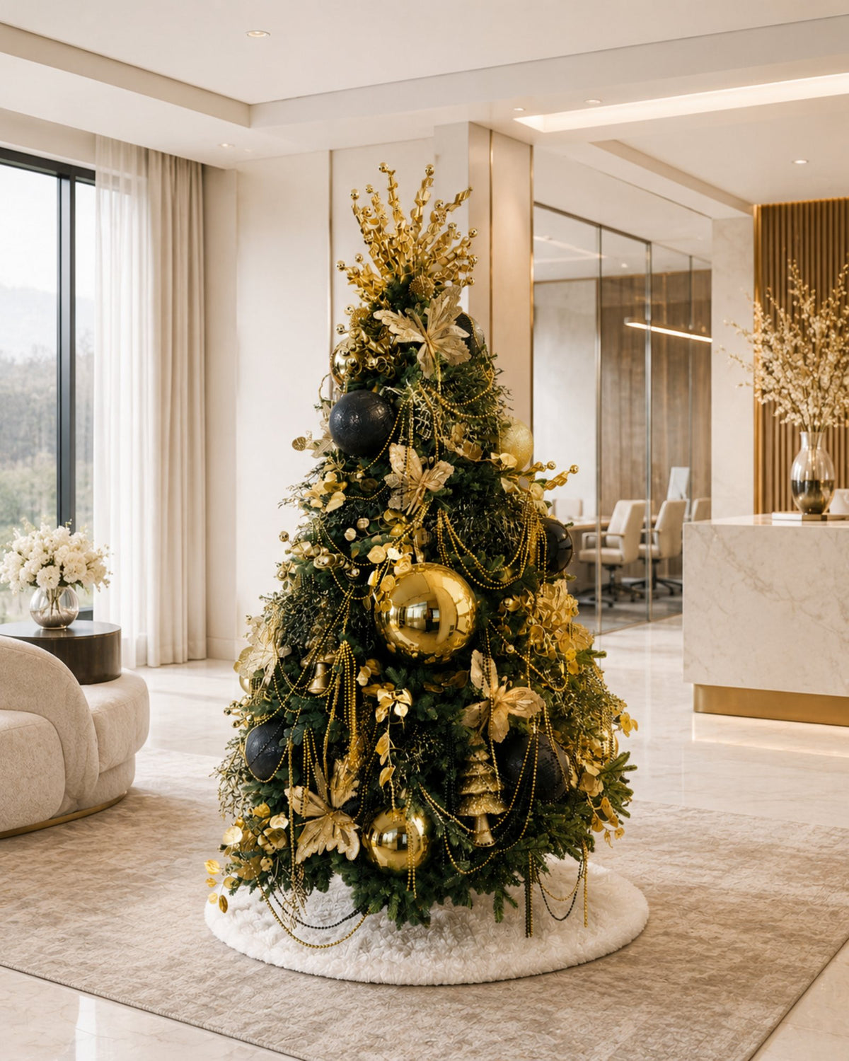 Brad decorat Golden Glam cu globuri mari aurii, într-un living luminos