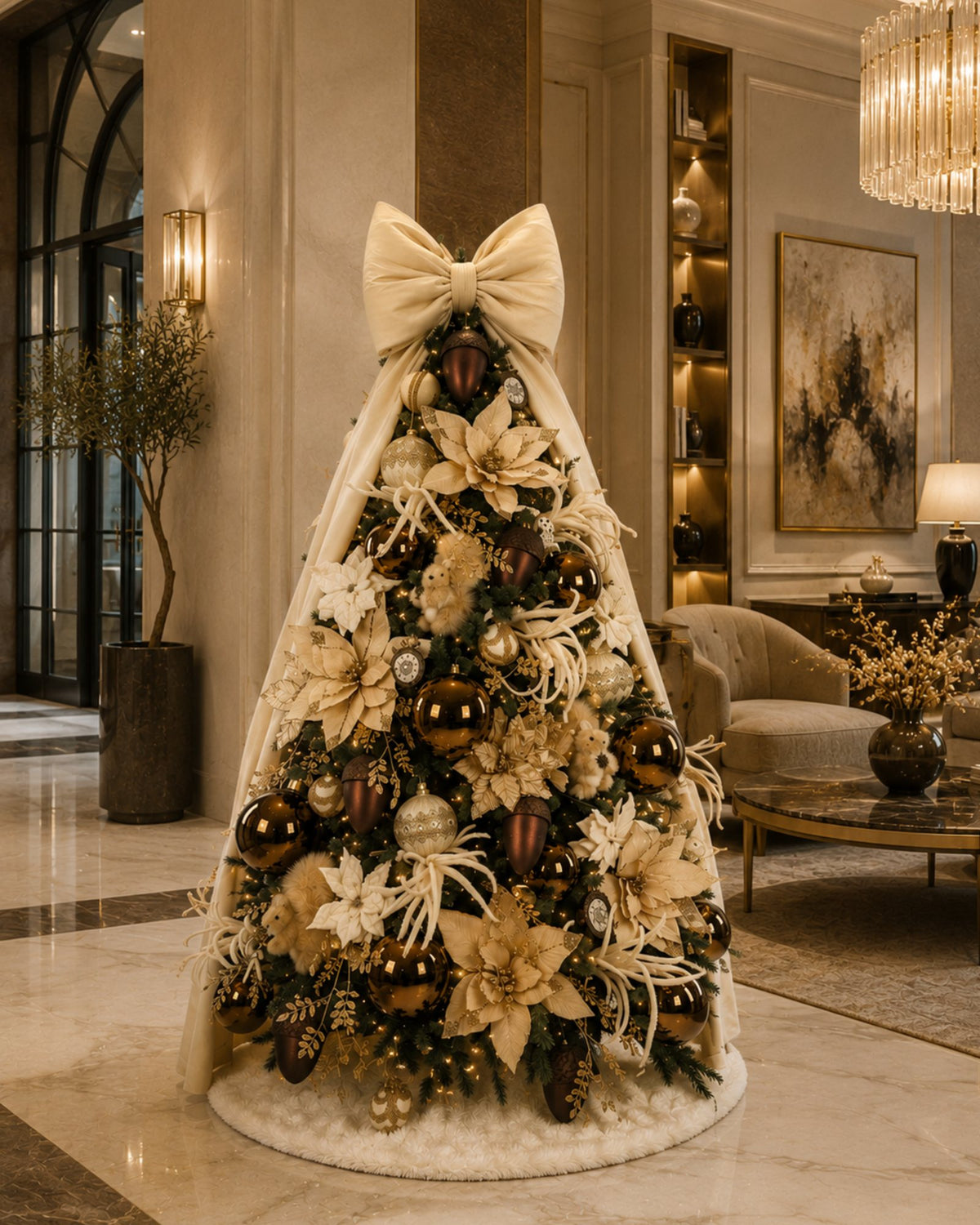 Brad decorat Enchanted Forest în crem și auriu, cu fundă mare în vârf, într-un salon elegant