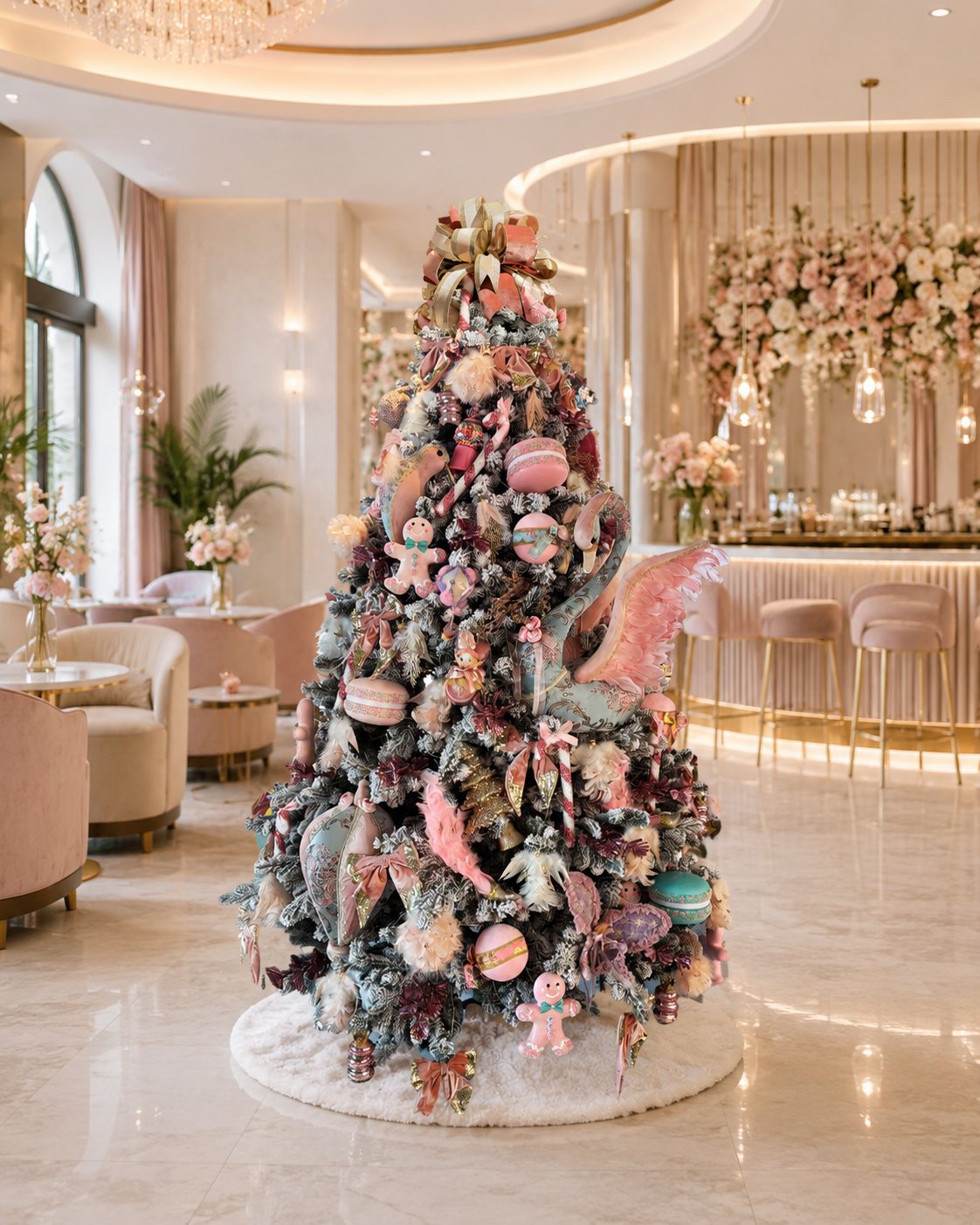 Brad decorat Sweet December în roz și mov, cu dulciuri decorative, într-un lounge luminos