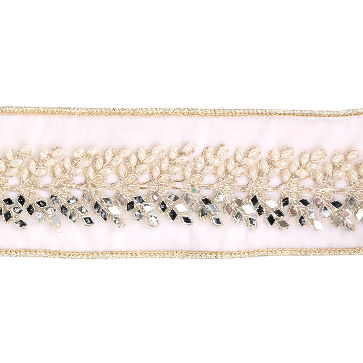 Panglică din catifea cu bordură cu perle și oglinzi, crem/auriu, 6,4 cm x 4,57 m