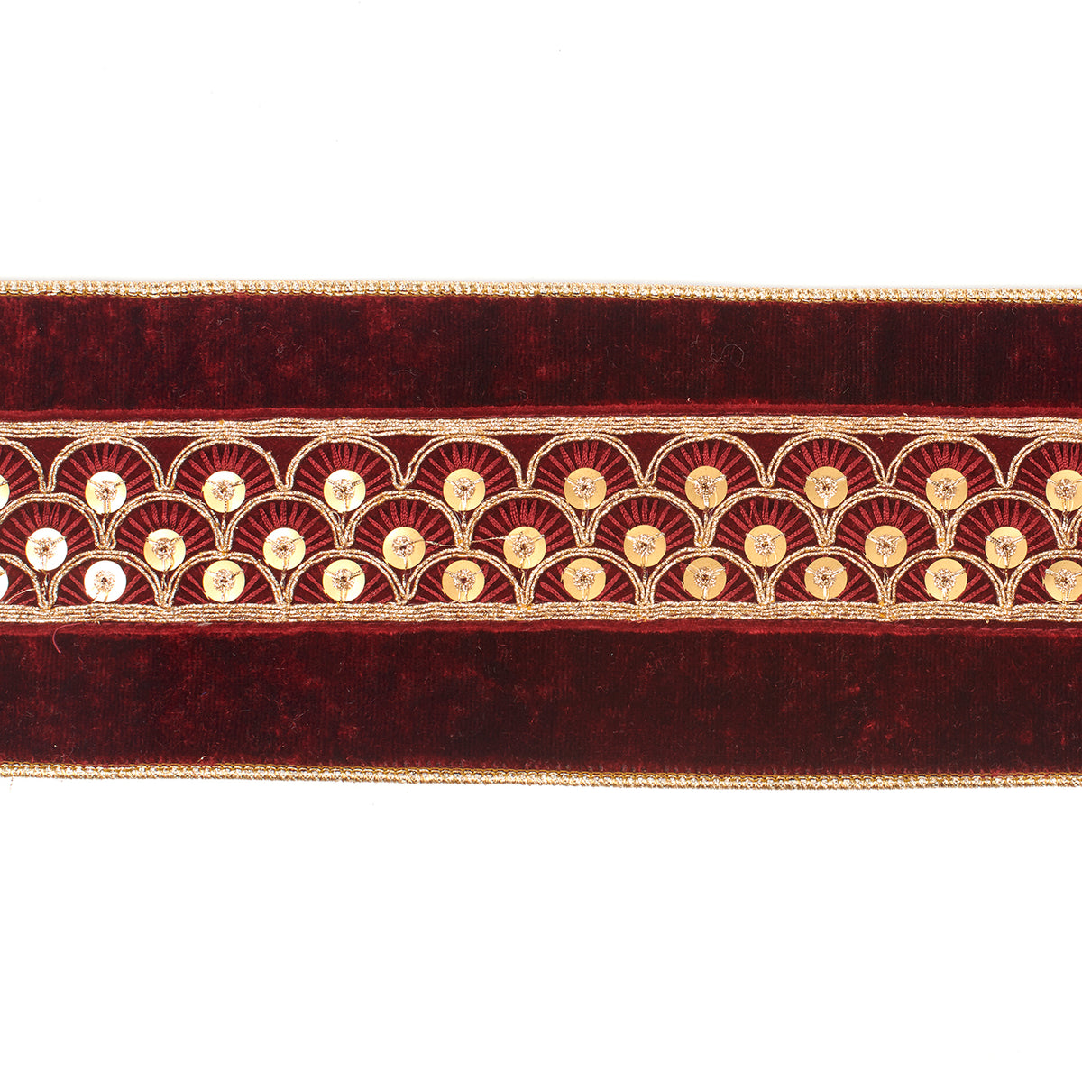 Panglică din catifea cu margine ondulată, burgund/auriu, 10 cm x 4,57 m