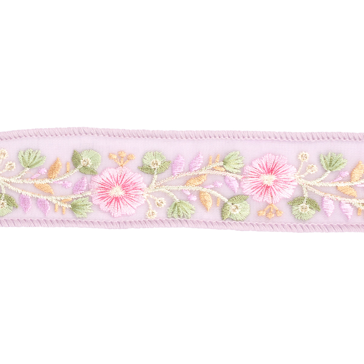 Panglică din dupion brodată cu bordură florală, mov deschis, 3,8 cm x 4,57 m