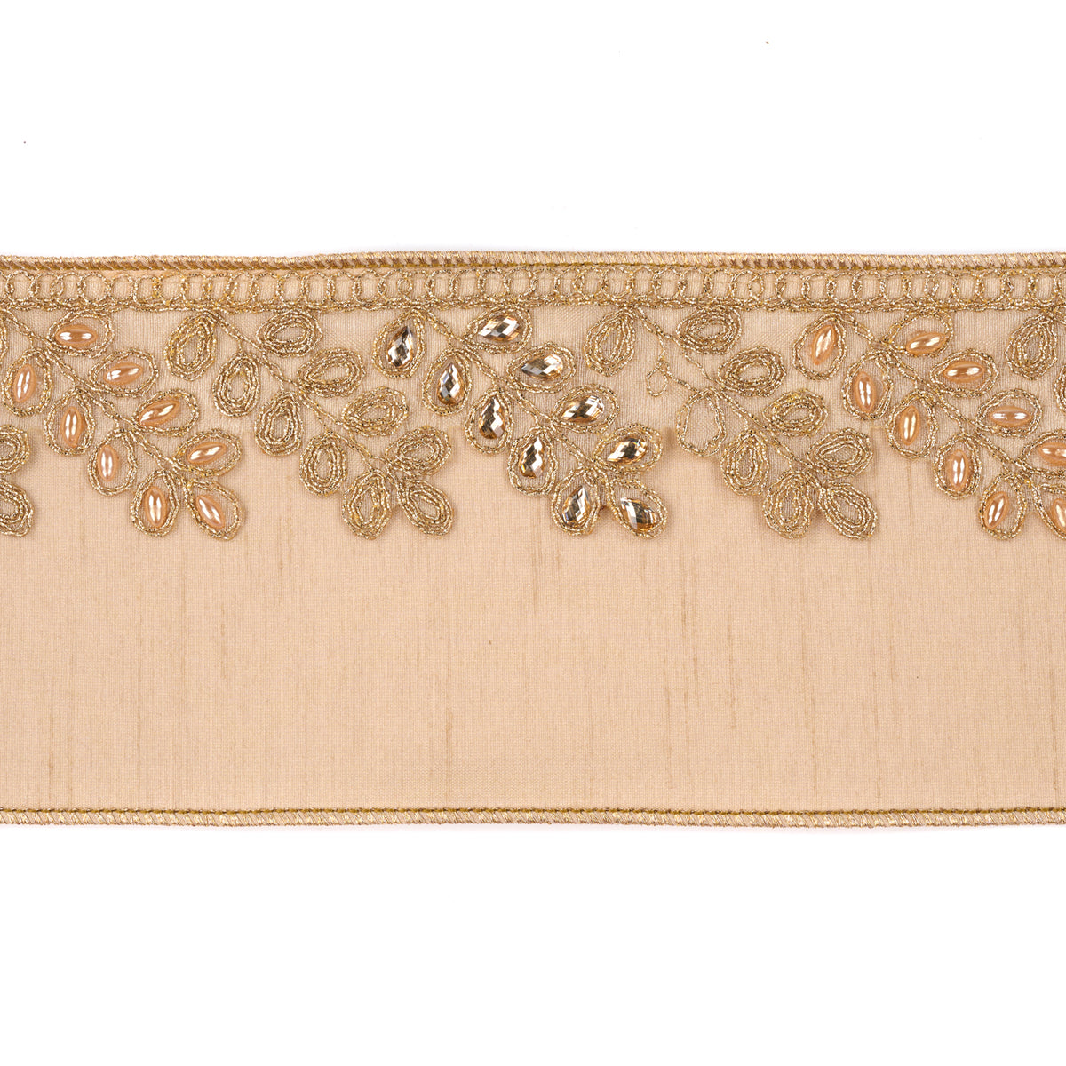 Panglică din dupion cu bordură cu motiv de viță, crem/auriu, 10 cm x 4,57 m