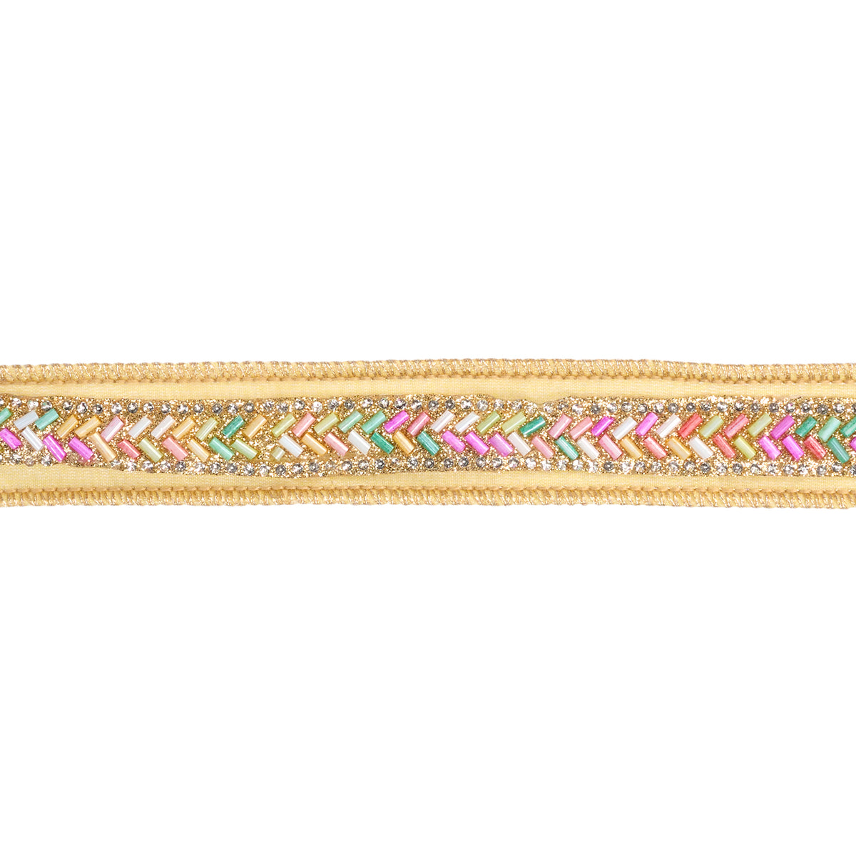 Panglică din dupion cu bordură din mărgele, galben/multicolor, 3,8 cm x 4,57 m