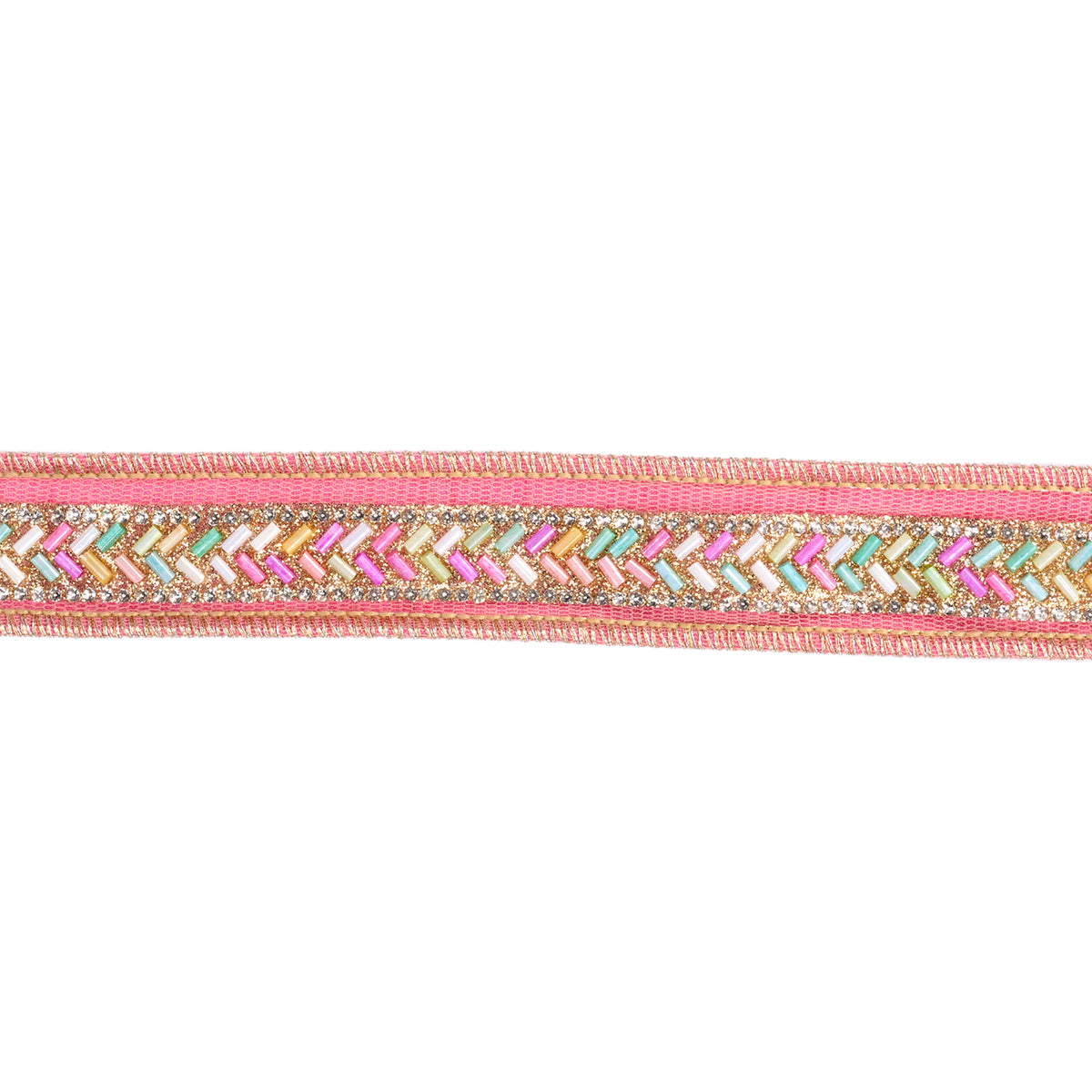 Panglică din dupion cu bordură din mărgele, roz/multicolor, 3,8 cm x 4,57 m