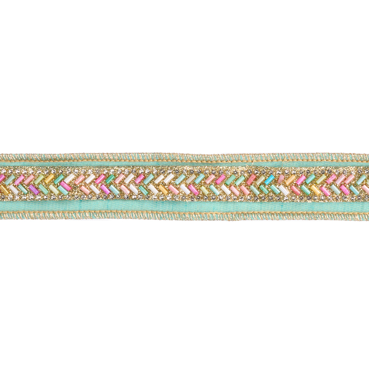 Panglică din dupion cu bordură din mărgele, verde/multicolor, 3,8 cm x 4,57 m