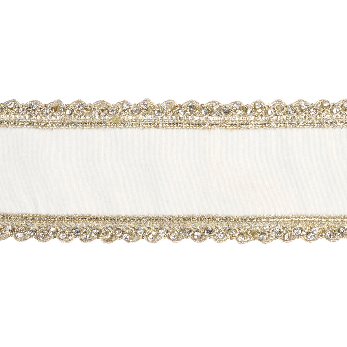 Panglică din dupion metalizat cu margini cu pietre, crem, 6,4 cm x 4,57 m