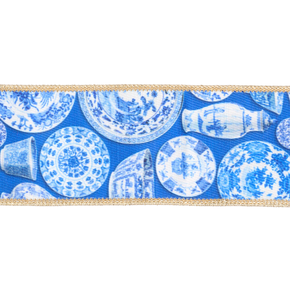 Panglică din dupion metalizat cu motive chinoiserie, albastru/auriu, 6,4 cm x 4,57 m