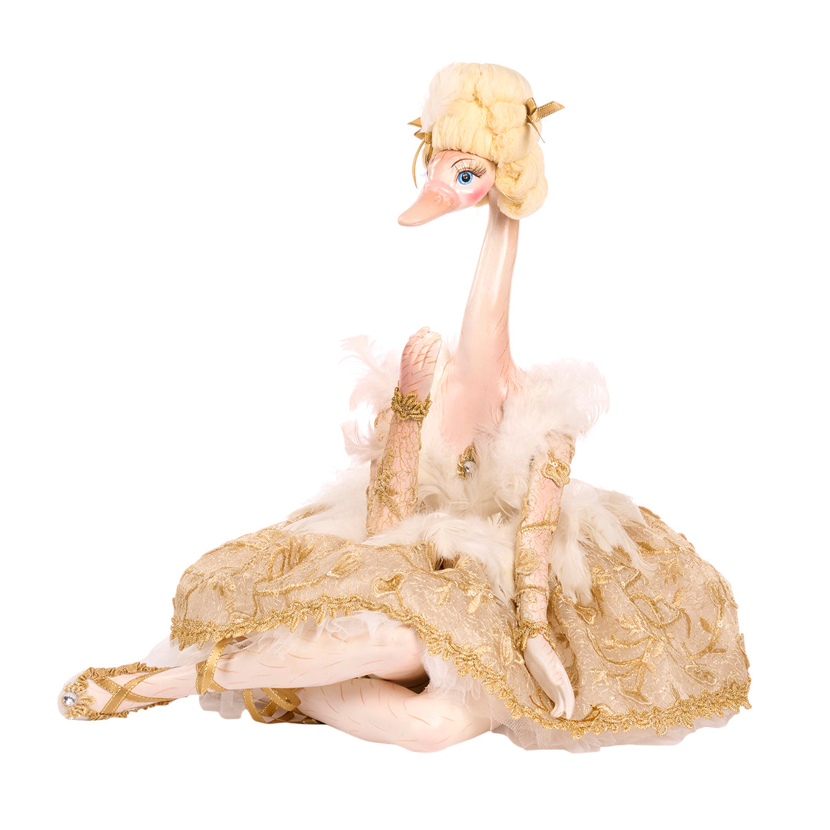 Păpușă balerină-lebădă Swan Queen așezată, cu cutie, crem/auriu, 43 cm