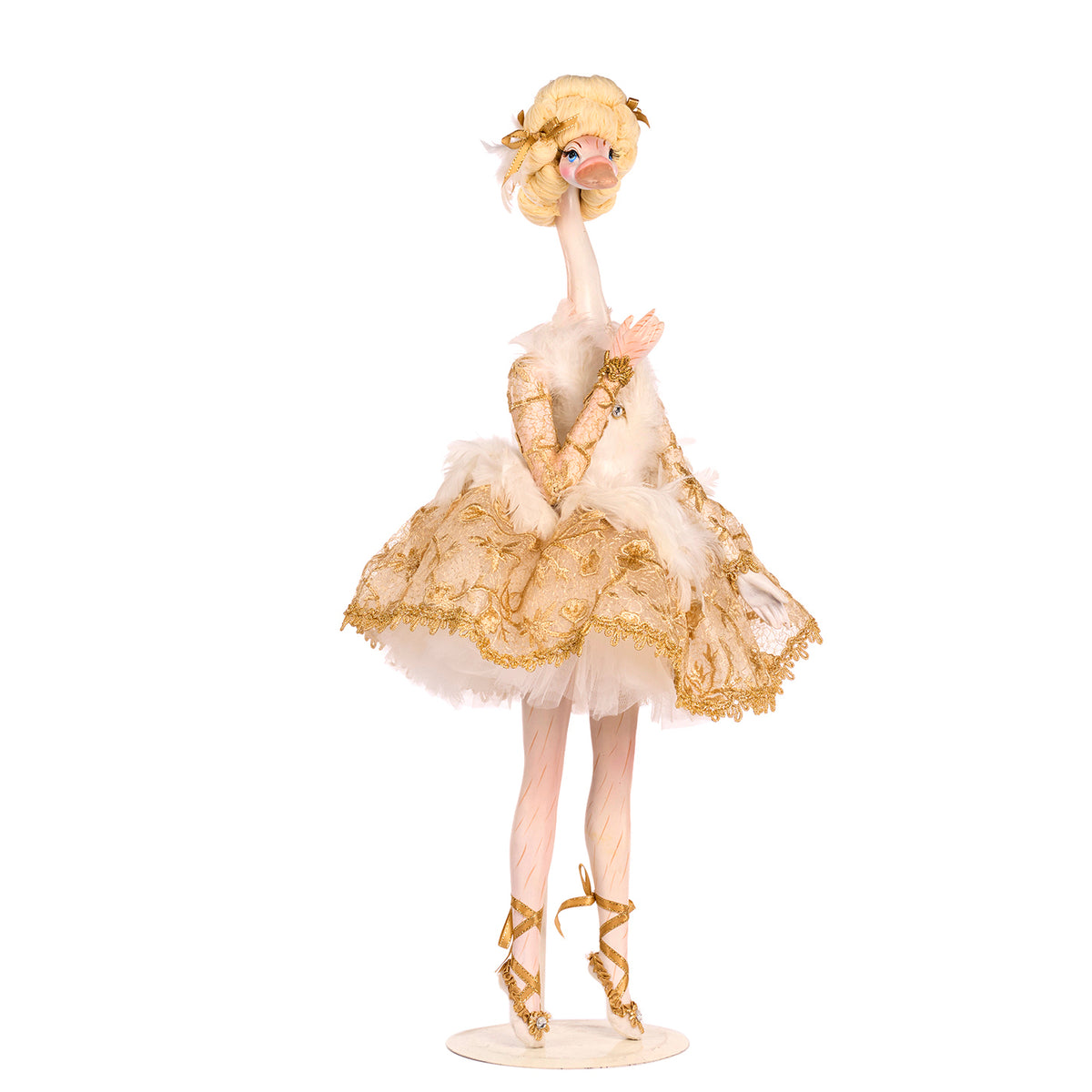 Păpușă balerină-lebădă Swan Queen, în picioare, cu suport și cutie, crem/auriu, 68,5 cm