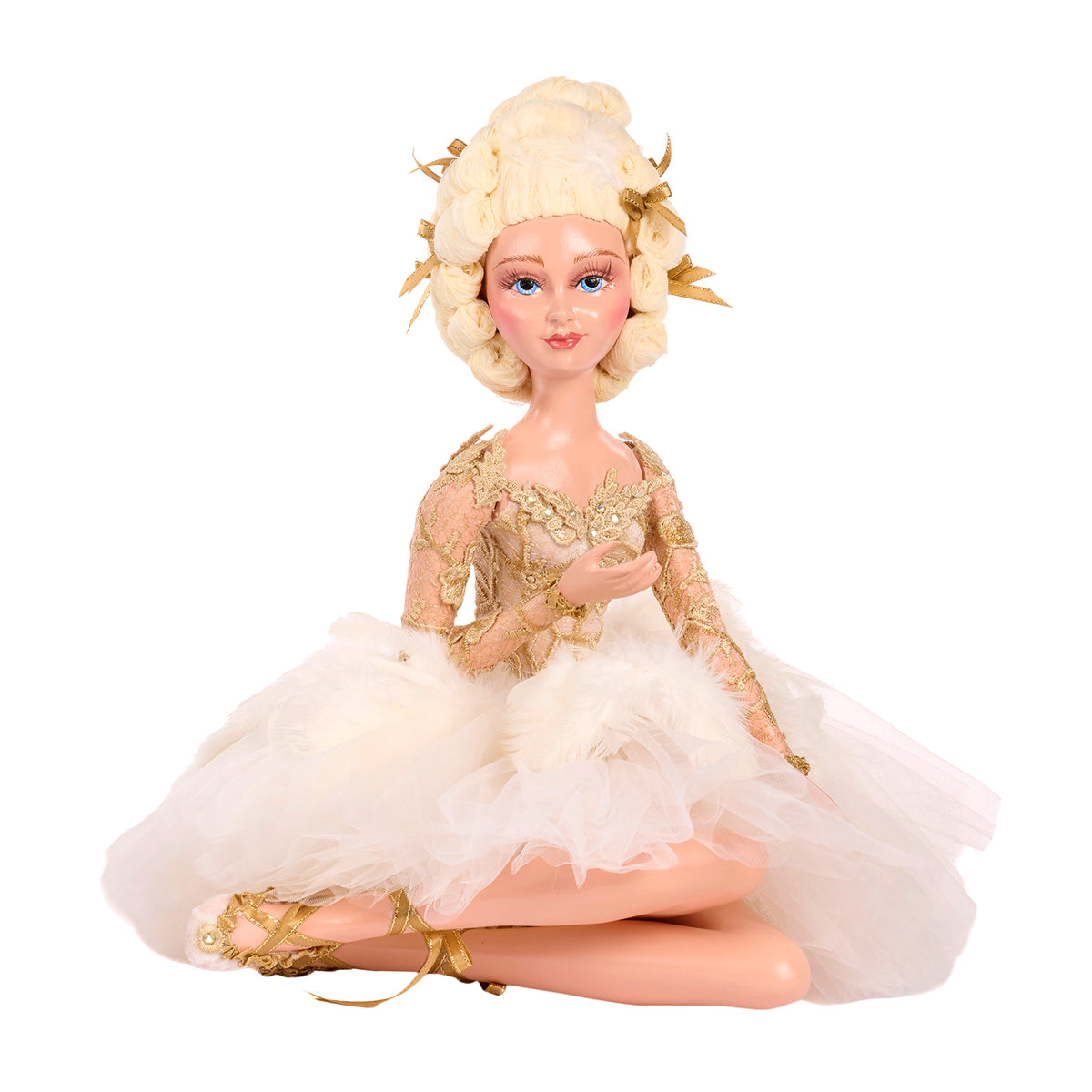 Păpușă balerină Swan Queen așezată, cu cutie, crem/auriu, 43 cm