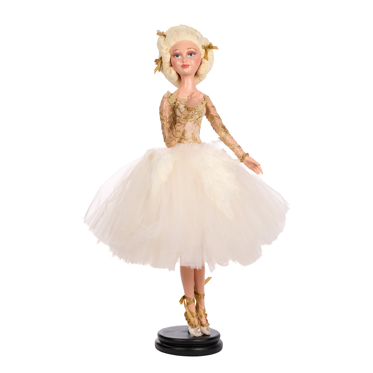 Păpușă balerină Swan Queen, în picioare, cu suport și cutie, alb/auriu, 67 cm