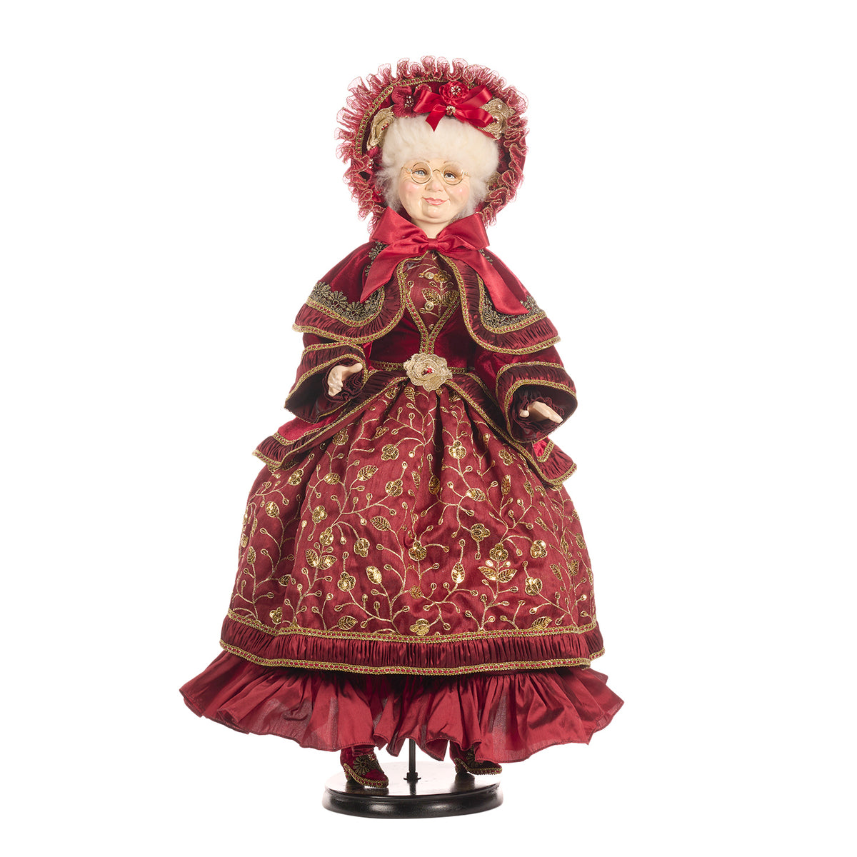 Păpușă Crăciunița colindătoare victoriană, cu suport, burgund/auriu, 84 cm