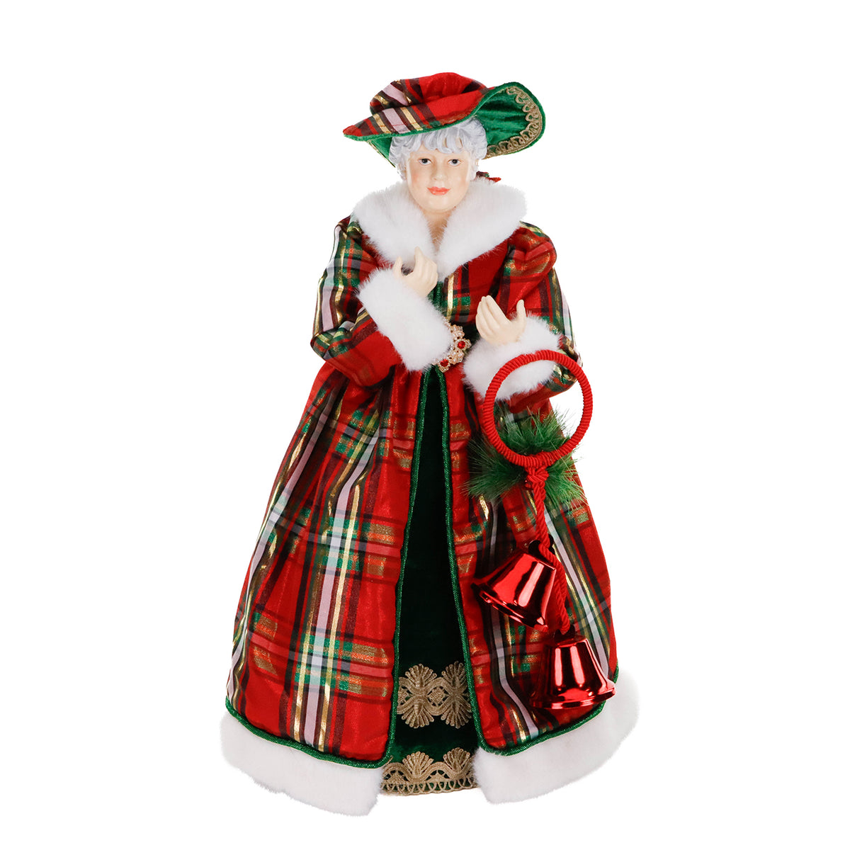 Păpușă Crăciunița din textil tartan, cu clopoței, roșu/verde, 63,5 cm