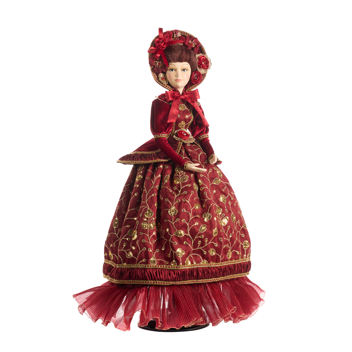 Păpușă doamnă colindătoare victoriană din brocart, cu suport, burgund, 62 cm