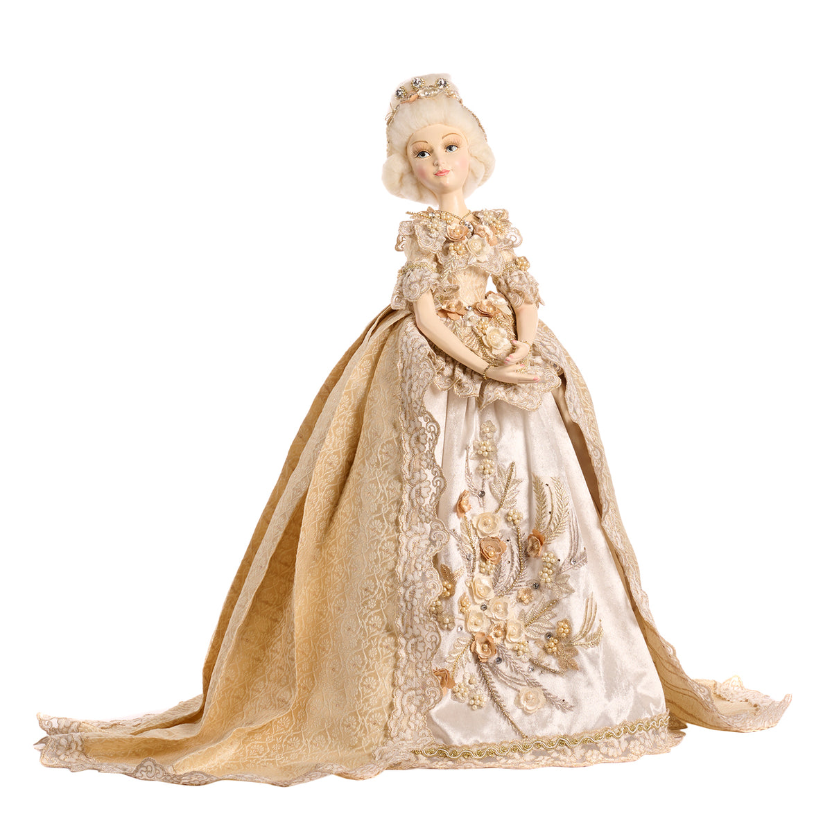 Păpușă doamnă Sun Queen în picioare, cu suport, crem/auriu, 62 cm