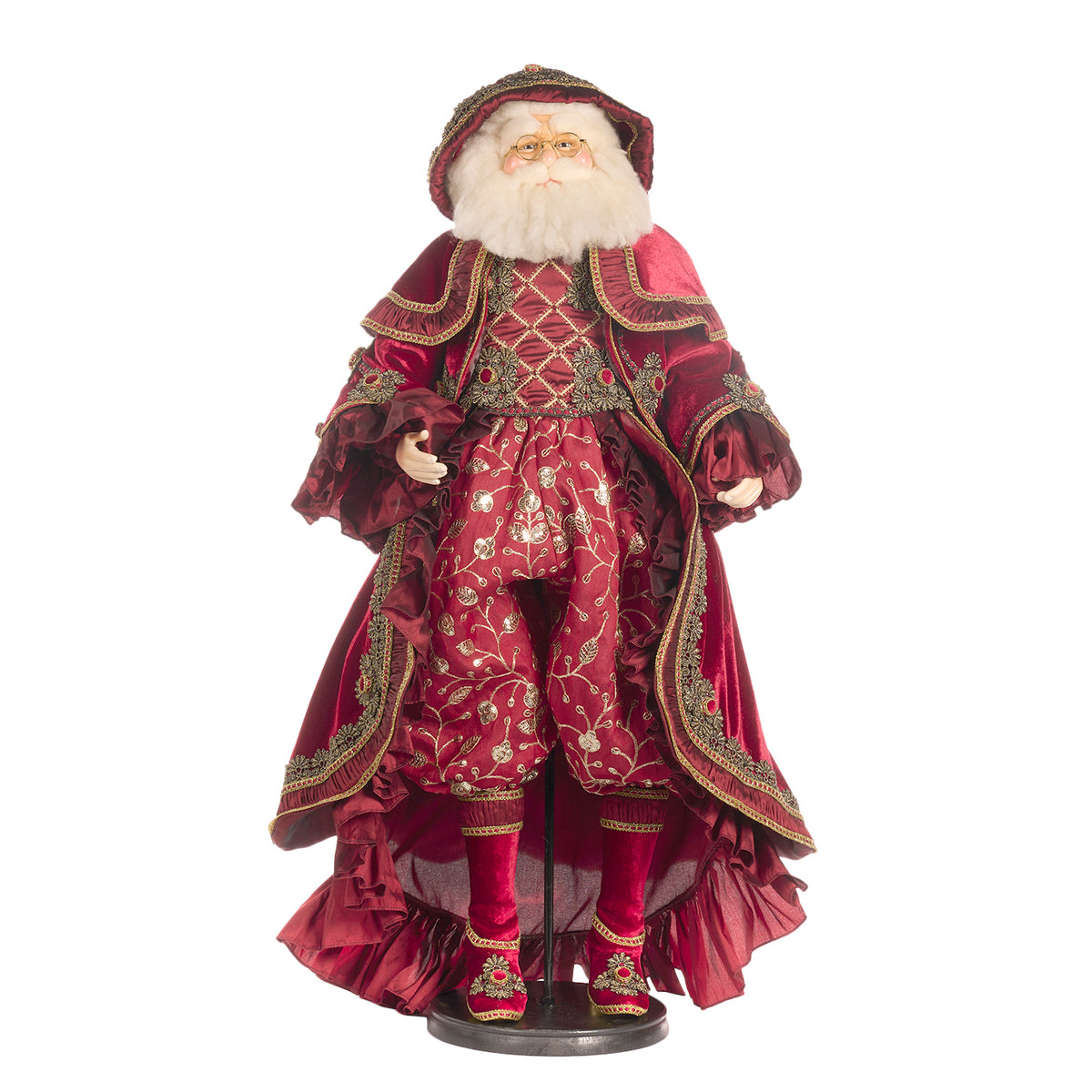 Păpușă Moș Crăciun colindător victorian, cu suport, burgund/auriu, 80 cm