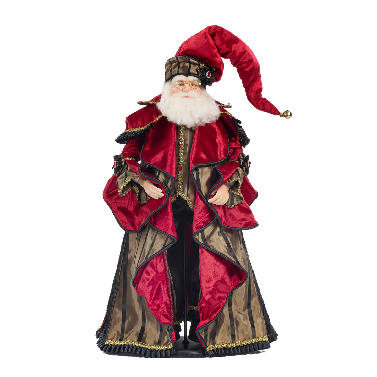 Păpușă Moș Crăciun din seria Xmas Hotel, cu suport și cutie, roșu/negru, 84 cm