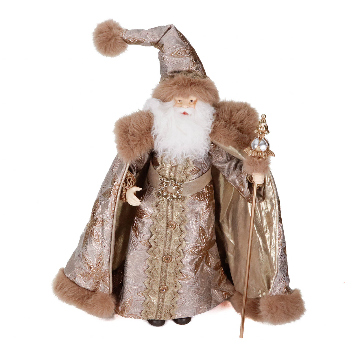 Păpușă Moș Crăciun din textil brocart, șampanie/maro, 76,5 cm