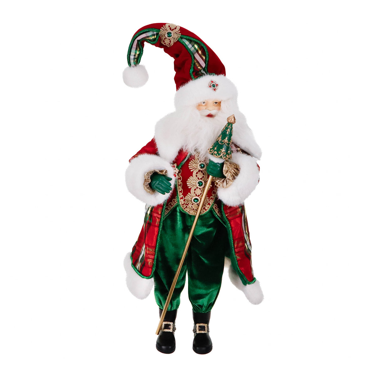 Păpușă Moș Crăciun din textil tartan, roșu/verde, 98 cm