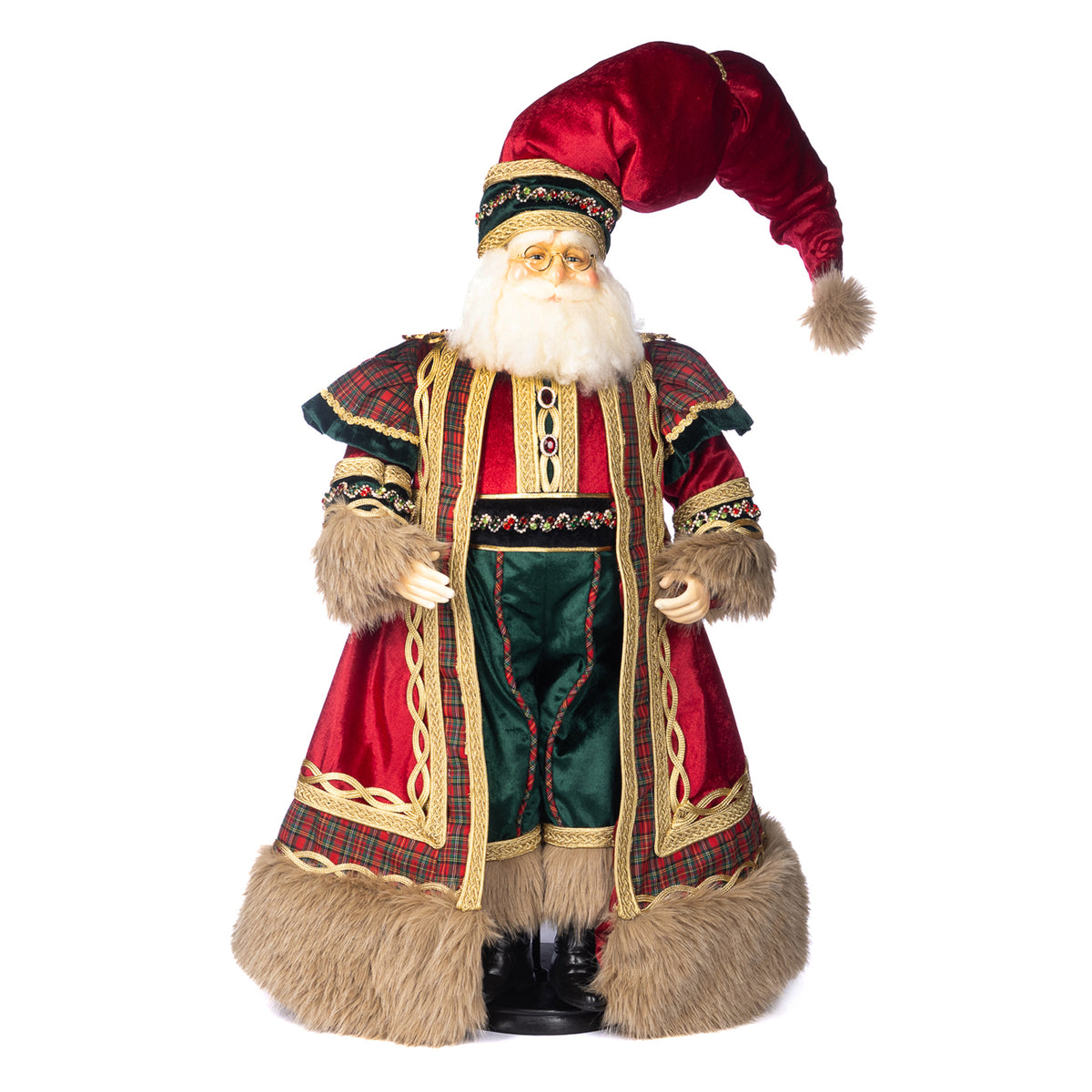 Păpușă Moș Crăciun în carouri tartan, cu suport și cutie, roșu/verde, 76 cm