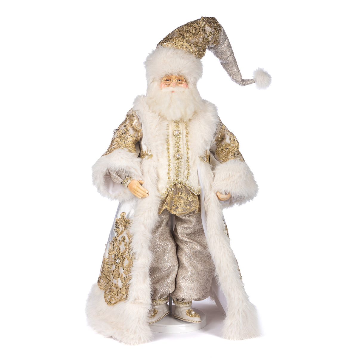 Păpușă Moș Crăciun Regal Winter, cu suport și cutie, crem/auriu, 76 cm