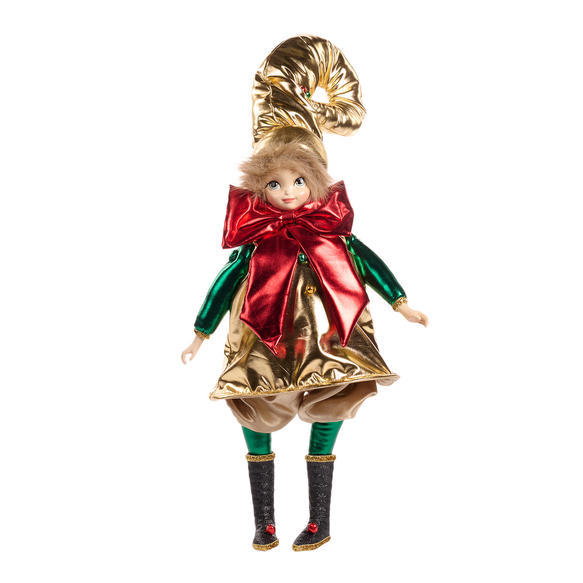 Păpușă Santa Baby cu clopoțel, auriu/verde/roșu, 45 cm
