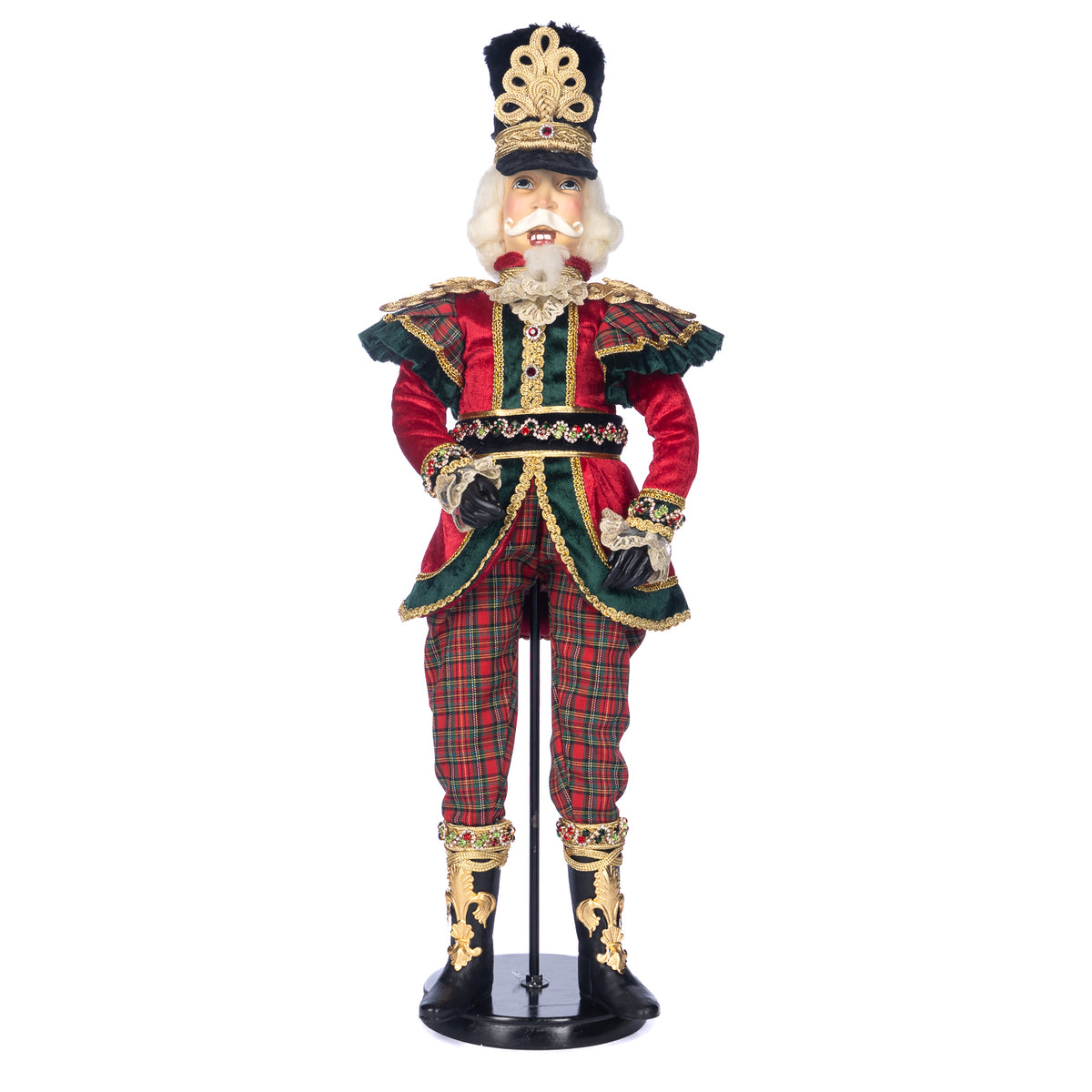 Păpușă spărgător de nuci în carouri tartan, cu suport și cutie, roșu/verde, 76 cm (J 58401)
