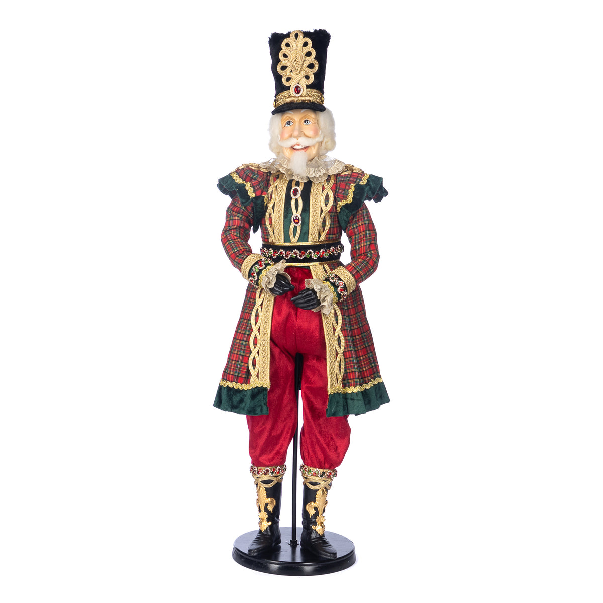 Păpușă spărgător de nuci în carouri tartan, cu suport și cutie, roșu/verde, 93 cm