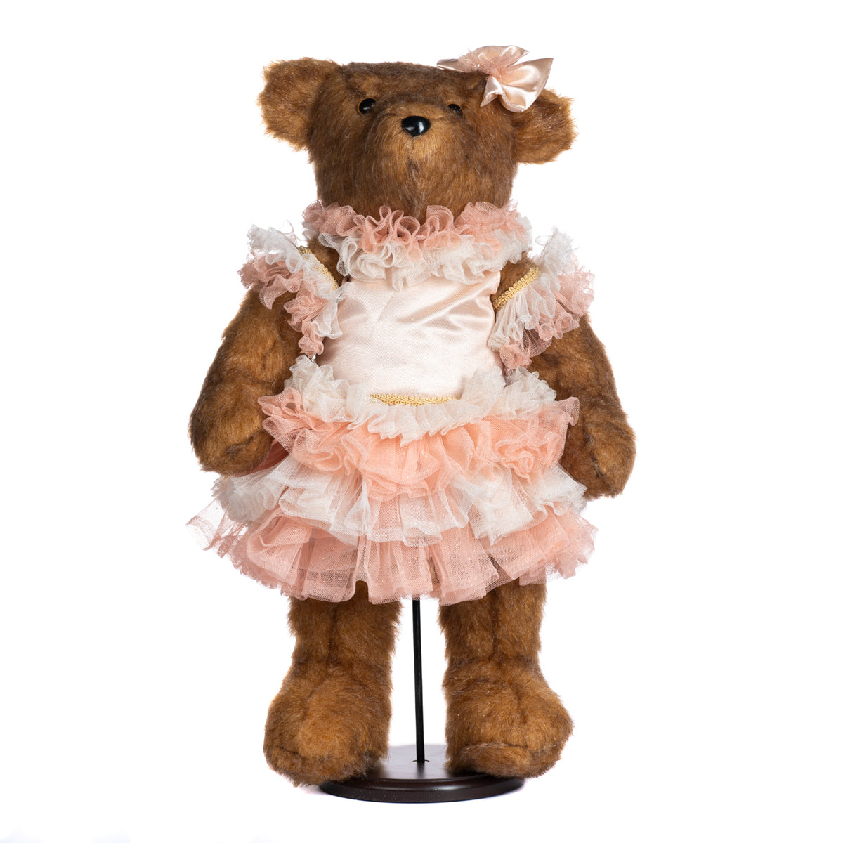 Păpușă ursuleț balerină, cu suport, maro/roz, 46 cm