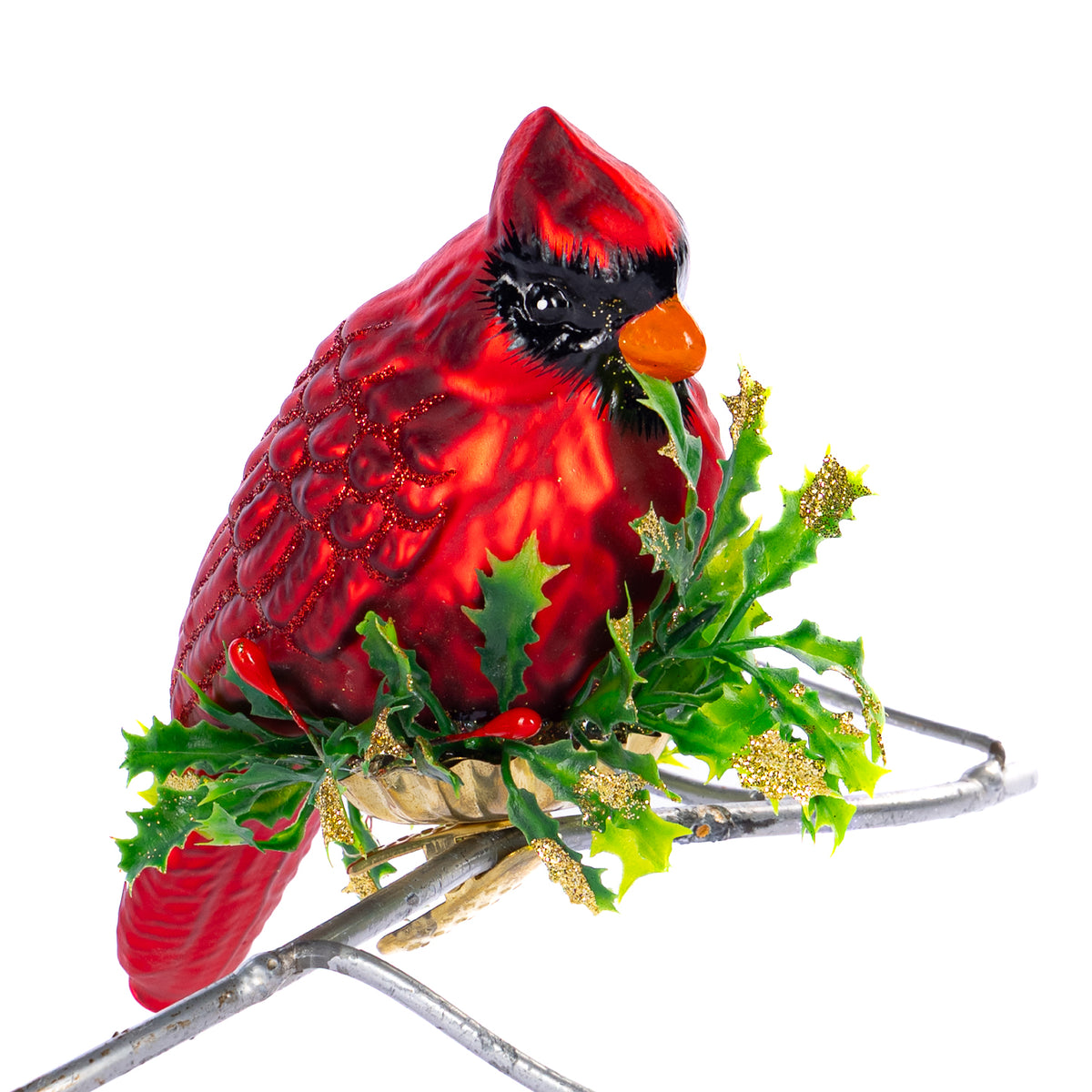 Pasăre cardinal cu ilice din sticlă, pe clemă, roșu/verde, 14,5 cm