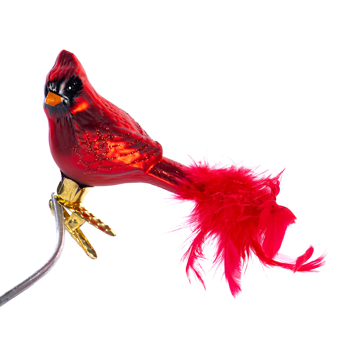 Pasăre cardinal din sticlă cu pene, pe clemă, roșu, 12,5 cm