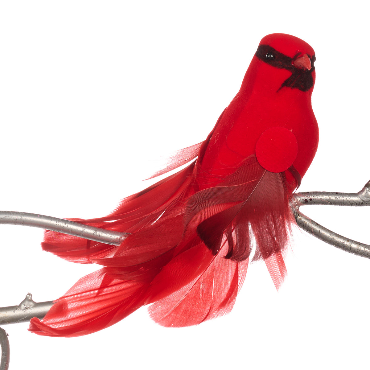 Pasăre cardinal din textil cu pene, pe clemă, roșu/negru, 18 cm