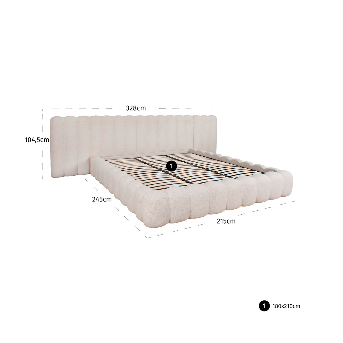 Pat Cupidon, fancy crem, 180 x 210 cm (dimensiune saltea, fără saltea), cu spațiu de depozitare – desen tehnic cu dimensiuni