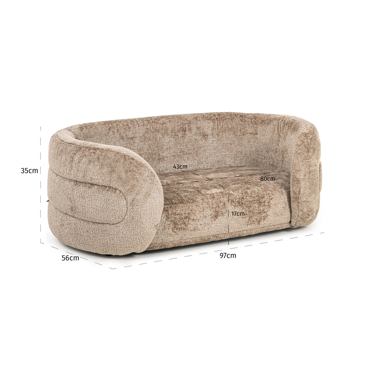 Pat pentru animale de companie Bingo, chenille taupe – desen tehnic cu dimensiuni