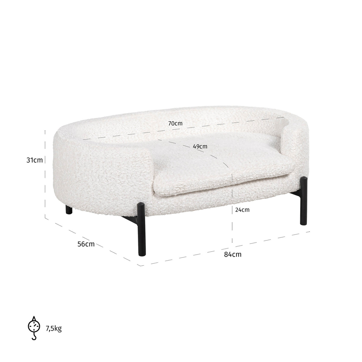Pat pentru animale de companie Dolly, sheep alb – desen tehnic cu dimensiuni