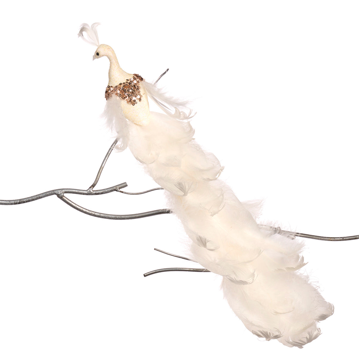 Păun cu pene, paiete și sclipici, pe clemă, crem/auriu, 48 cm