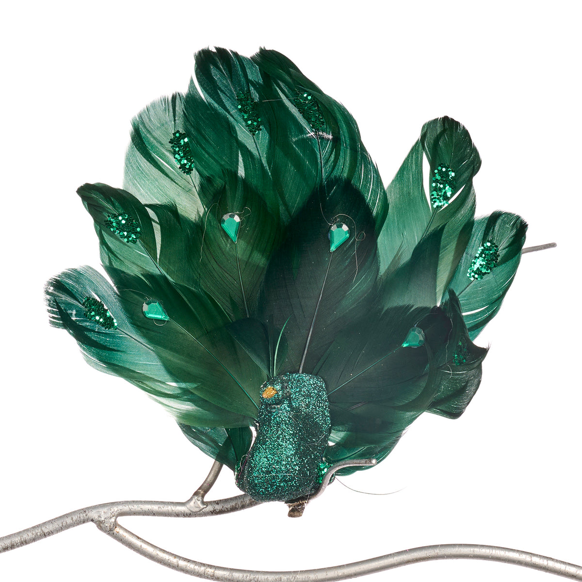 Păun cu pene și sclipici pe clemă, verde, 19 cm
