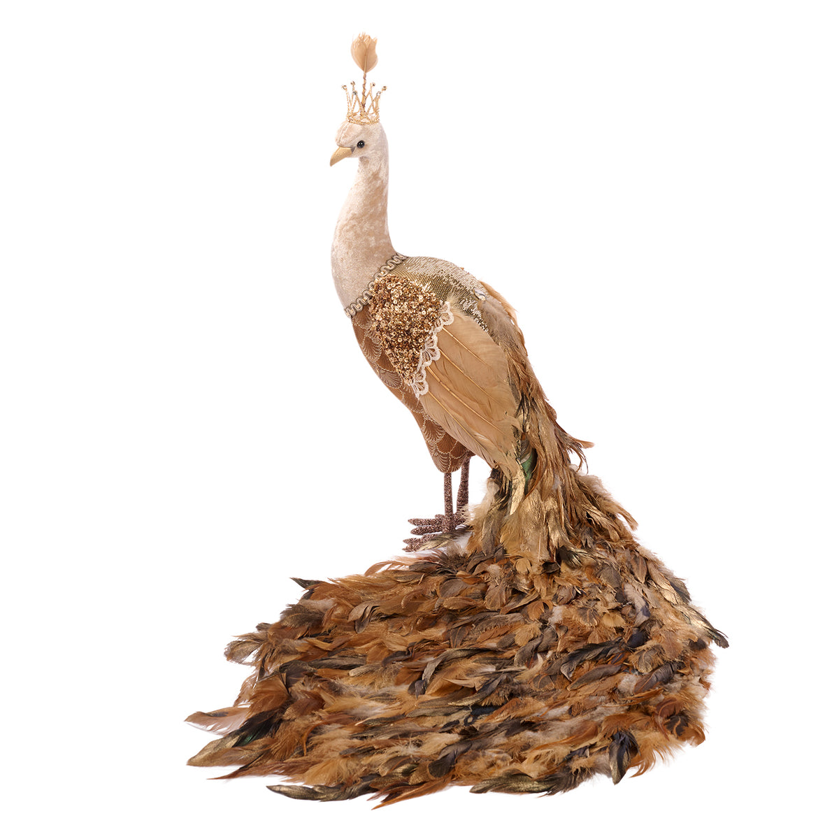 Păun din textil brocart și pene, auriu/crem, 81 cm