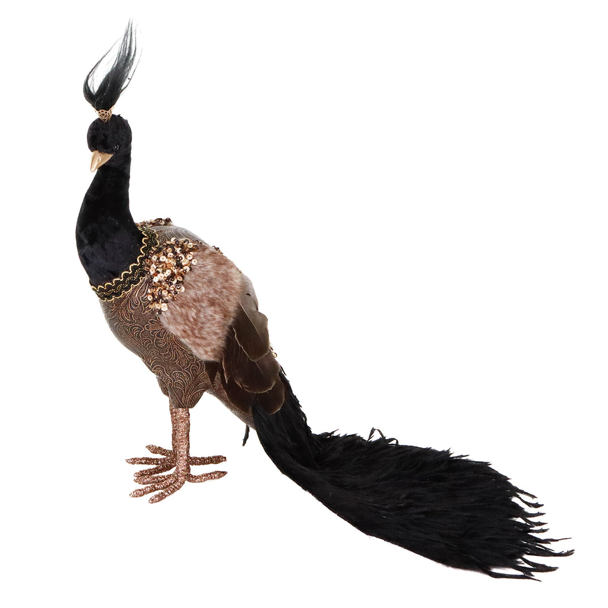 Păun din textil și pene în spirală, negru/maro, 47 cm