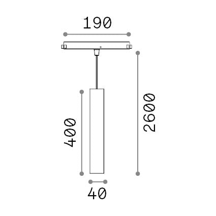 Pendul pe șină Ego tub 12W 3000K On-Off, alb – desen tehnic cu dimensiuni
