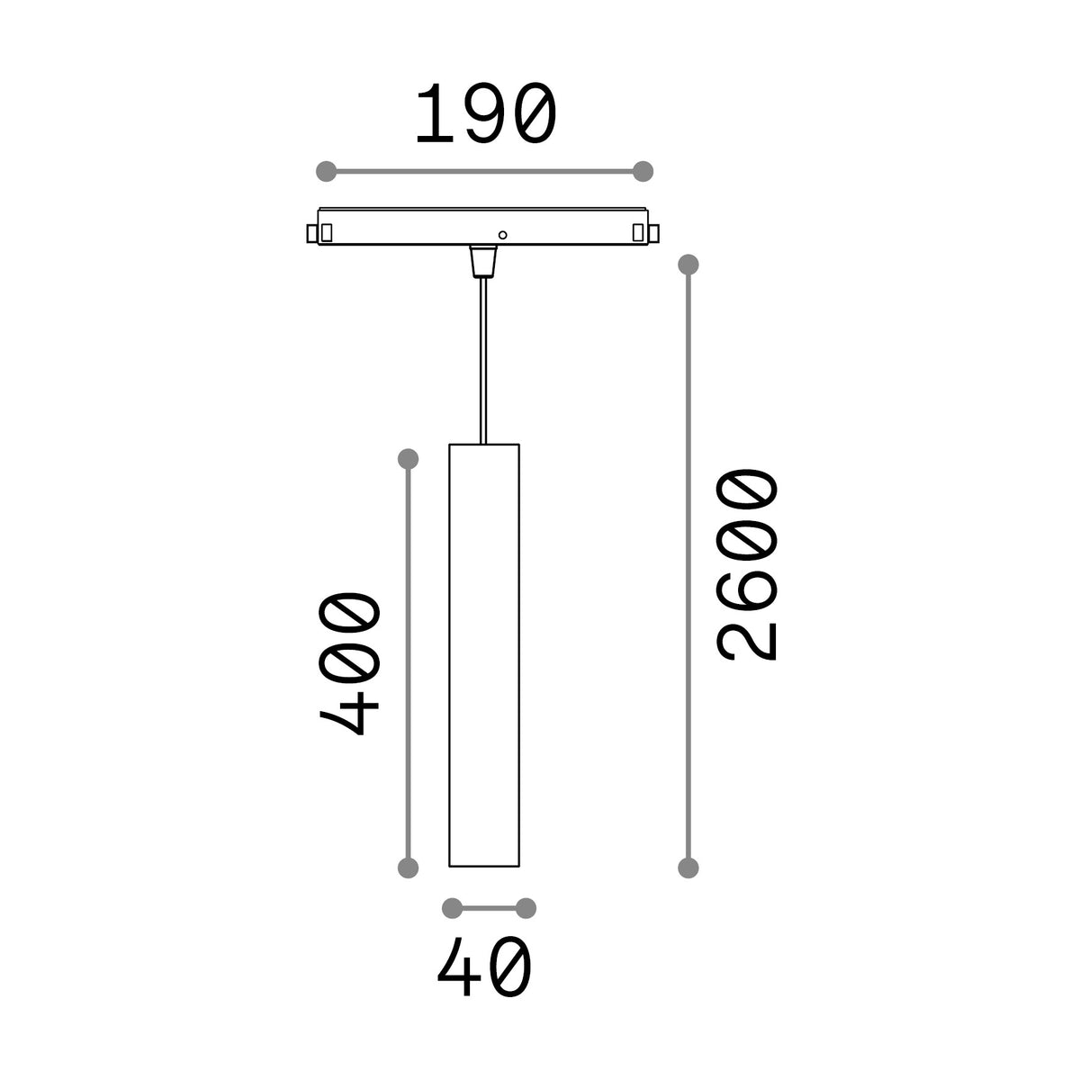 Pendul pe șină Ego tub 12W 3000K On-Off, negru – desen tehnic cu dimensiuni