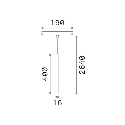 Pendul pe șină Ego tub 5,5W 3000K DALI, negru – desen tehnic cu dimensiuni