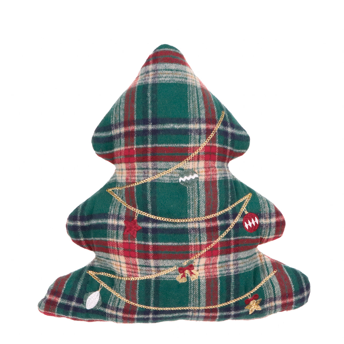 Pernă decorativă din textil cu brad de Crăciun brodat, în carouri tartan, verde/roșu, 43 cm